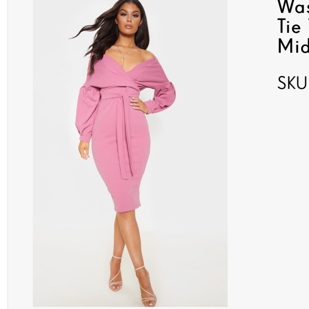 Washed Violet Wrap Tie WaistPuff Sleeve Midi Dress